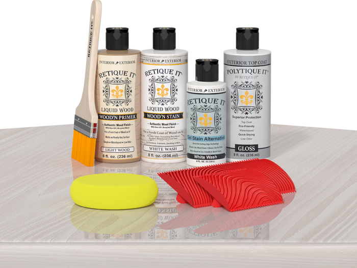 Retique It Wood'n Finish Kit in White Wash with exterior top coat, featuring wood finish applicator on a table.