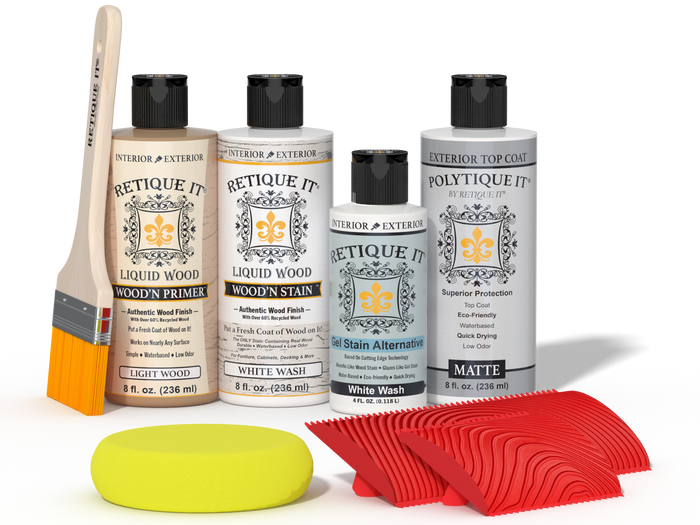 Retique It Wood'n Finish Kit in White Wash, exterior top coat with brush and wood finishing tools for wood surfaces.