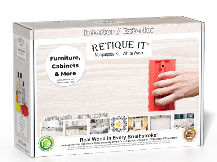 Retique It® White Wash Multipurpose Kit retail box featuring a White Wash wood finish, red graining tool demonstration, and furniture, cabinets & more project imagery.
