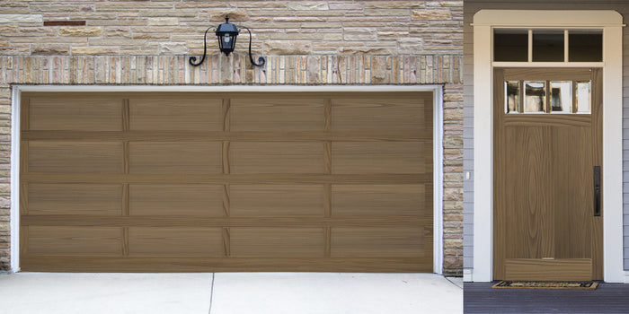 Large Modern Walnut Wood'n Finish Kit by Retique It for exterior wood projects, shown in a rustic garage door with wood grain detail.