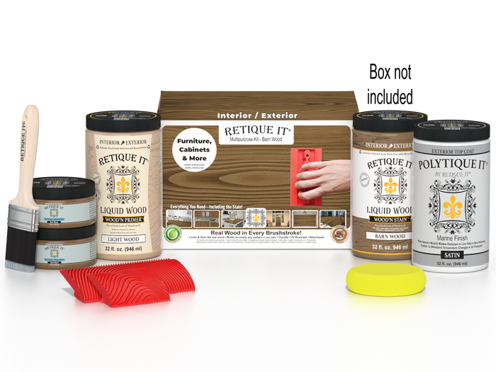 Large Barn Wood Wood'n Finish Kit by Retique It with exterior topcoat, includes wood stain and application tools in a box.