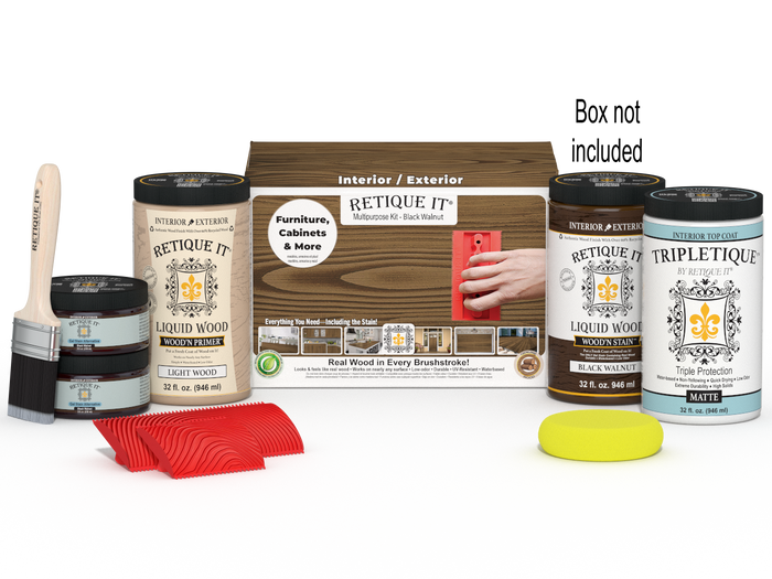 Large Black Walnut Wood'n Finish Kit by Retique It for interior wood projects, includes top coat and application tools.