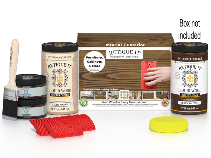 Large Black Walnut Wood'n Finish Kit by Retique It with wood stain and applicators, perfect for multi-purpose woodworking projects.
