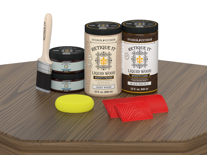 Large Black Walnut Wood'n Finish Kit by Retique It for multi-purpose wood finishing, shown on a wooden table.