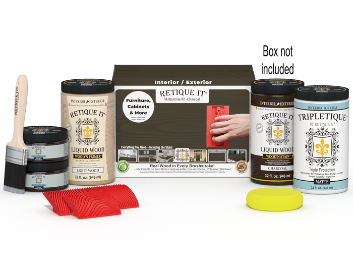 Large Charcoal Wood'n Finish Kit by Retique It for interior top coating, includes wood finishing tools and supplies in a box.