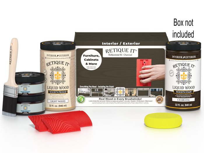 Large Charcoal Wood'n Finish Kit by Retique It showing wood finish bottles and applicator tools in a box.
