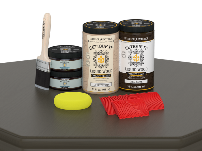 Large Charcoal Wood'n Finish Kit by Retique It for multi-purpose wood finishing, includes brushes and tools on a table.
