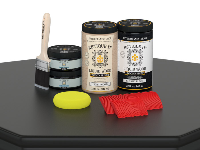 Large Black Wood'n Finish Kit by Retique It on a table, showcasing multi-purpose wood finishing tools and supplies.