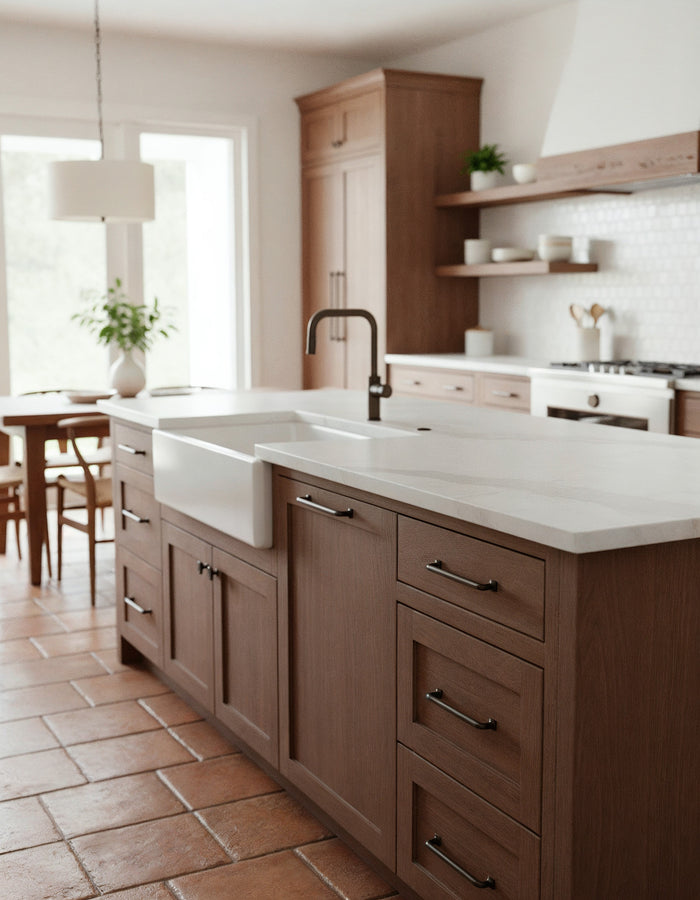 Large Dark Oak Wood'n Finish Kit from Retique It for interior top coating of wood surfaces, shown in a rustic kitchen setting.