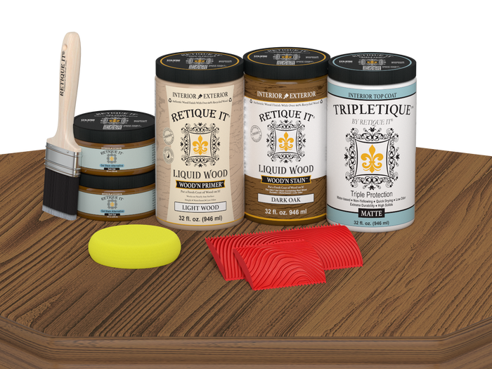 Retique It Wood'n Finish Kit Large in Dark Oak with interior top coat, showing a matte wood table surface.