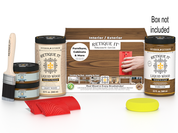 Large Dark Oak Wood'n Finish Kit by Retique It with wood stain and finishing tools for multi-purpose wood projects.