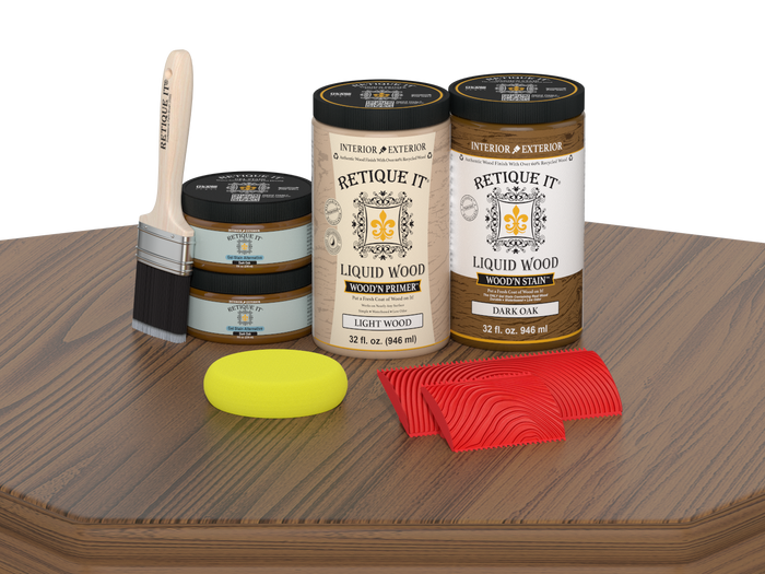 Large Dark Oak Wood'n Finish Kit by Retique It for multi-purpose wood furniture refinishing, including brushes and finish components.