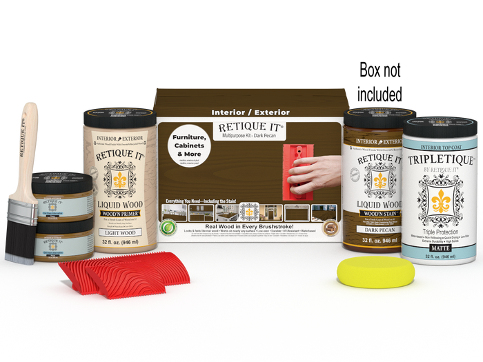 Large Dark Pecan Wood'n Finish Kit by Retique It with interior top coat and wooden tools, in a box.