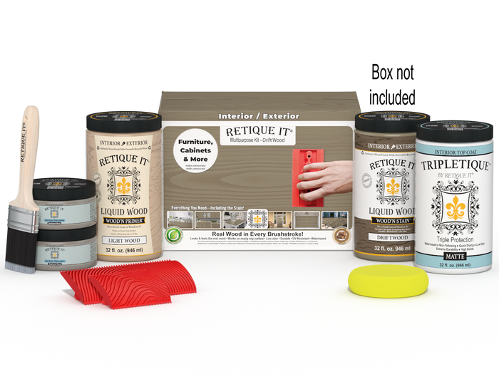 Large Wood'n Kit by Retique It with driftwood finish, includes top coat and tools for interior woodworking projects.