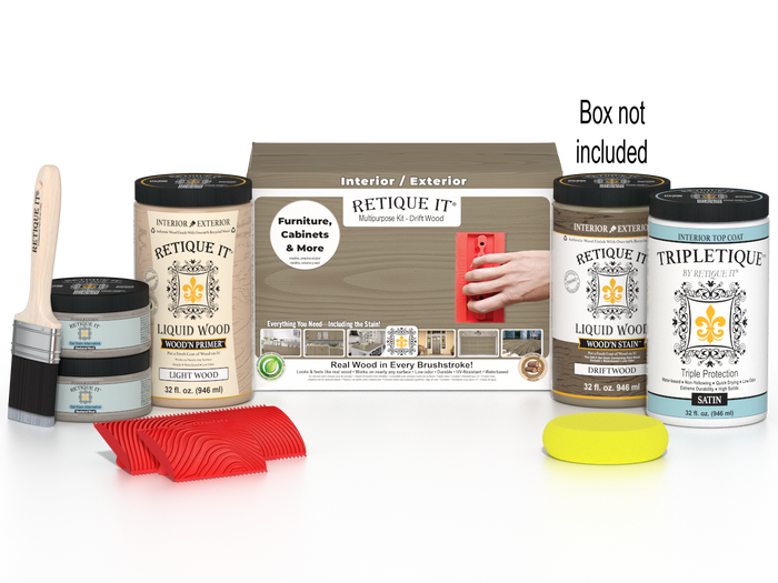 Large Wood'n Kit by Retique It with driftwood finish and interior top coat, shown with kit components and wooden sample.