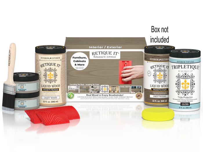 Large Wood'n Kit by Retique It featuring driftwood finish and interior top coat, includes components for wood finishing projects.