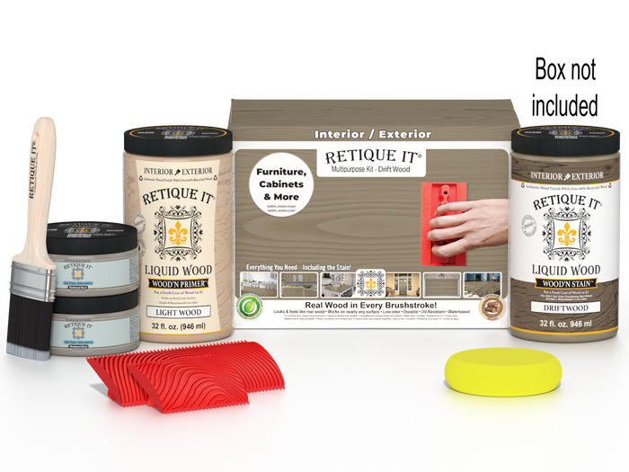 Large Drift Wood Wood'n Finish Kit by Retique It with wood samples and finishing tools for multi-purpose wood finishing projects.