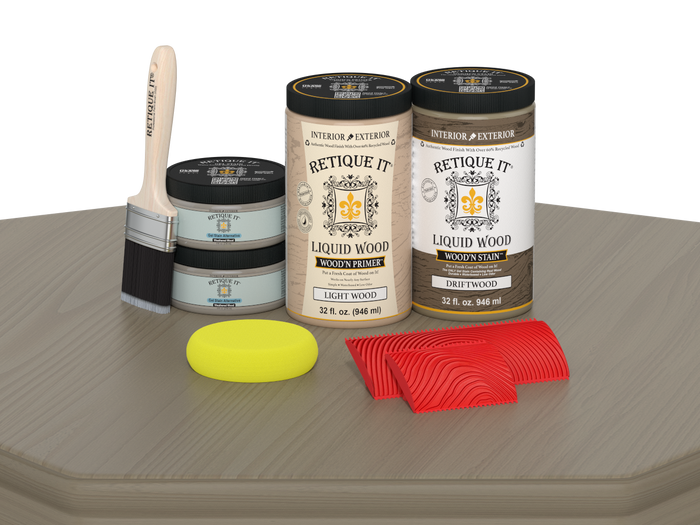 Large Drift Wood Wood'n Finish Kit by Retique It with wood samples and tools for multi-purpose woodworking projects.