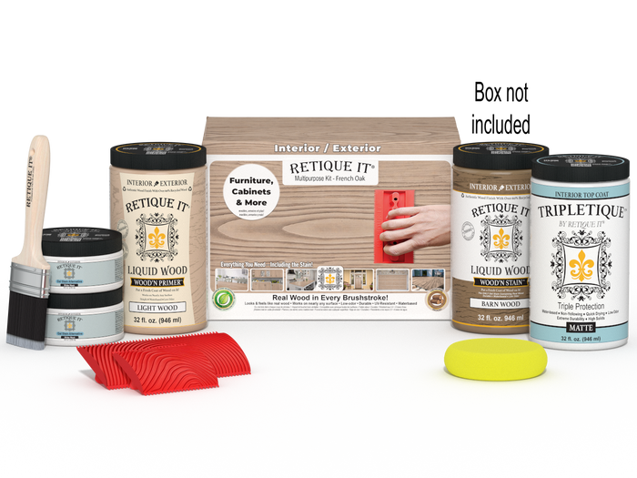 Large French Oak Wood'n Finish Kit by Retique It with interior top coat, includes wood finish and application tools.