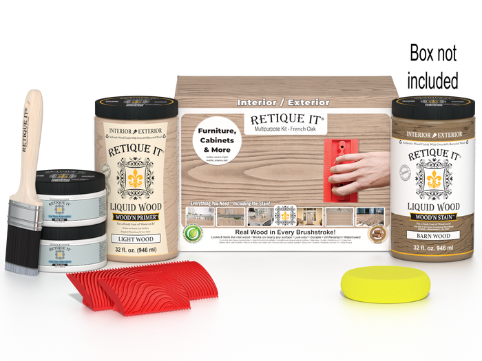 Large Wood'n Kit French oak by Retique It with wood finish bottles and applicator tools in a box, designed for furniture refinishing.