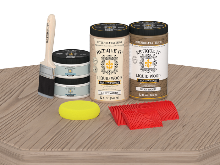 Large French oak Wood'n Finish Kit from Retique It on a table, featuring brushes and finish bottles for multi-purpose wood finishing.