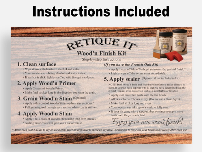 Front view of Retique It Multi-purpose Wood'n Kit Large in French oak, showing application instructions and product packaging.