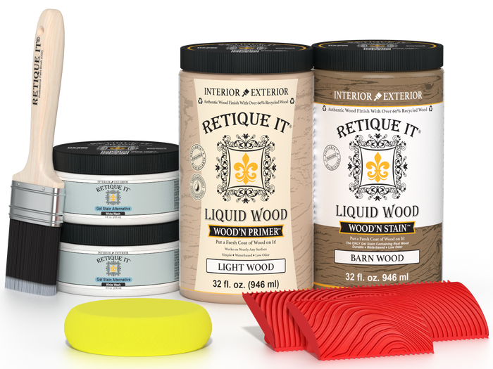Large French oak Wood'n Finish Kit by Retique It featuring wood grain patterns and finishing supplies for multi-purpose wood projects.