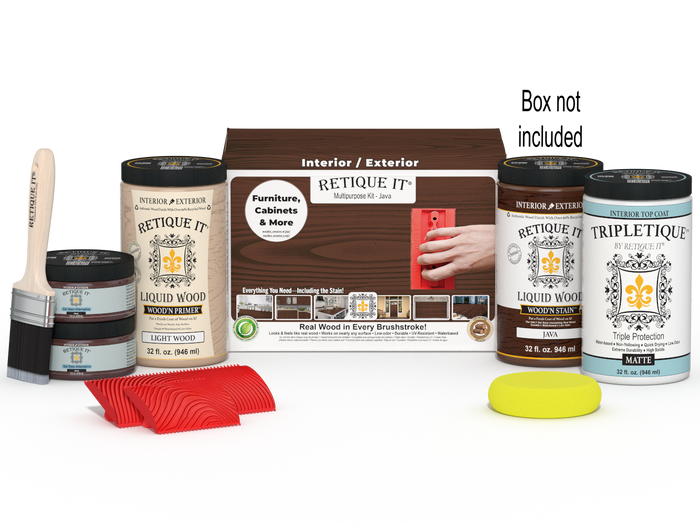 Large Java Wood'n Finish Kit by Retique It for interior top coat, includes tools and supplies for wood finishing projects