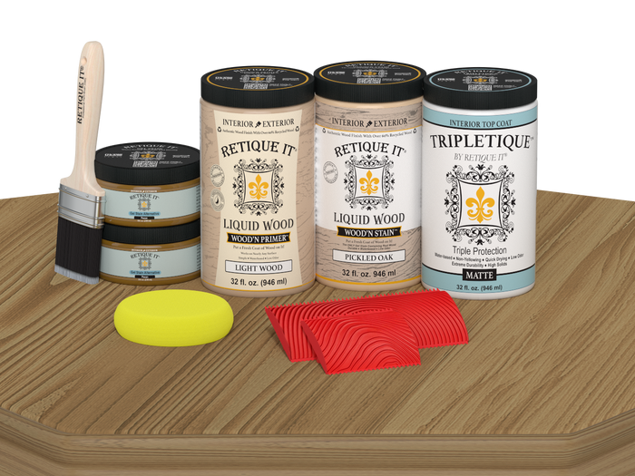 Large Pickled Oak Wood'n Finish Kit by Retique It for interior top coat, featuring wood finish and application tools.
