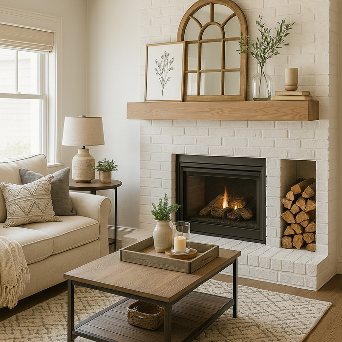 Fireplace with pickled oak wood finish mantel, stained with Retique It Wood'n Finish Kit, floating design against neutral brick.