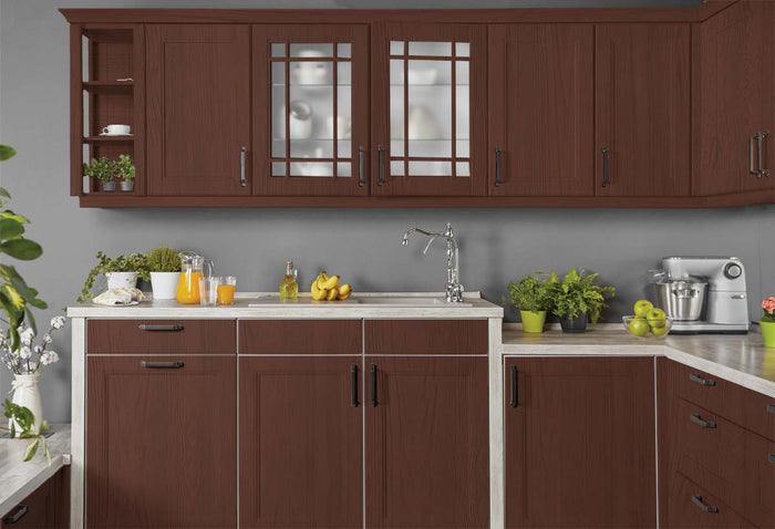 Retique It Wood'n Finish Kit in Red Mahogany for interior wood surfaces, showing a kitchen cabinet with a rich, grained finish.