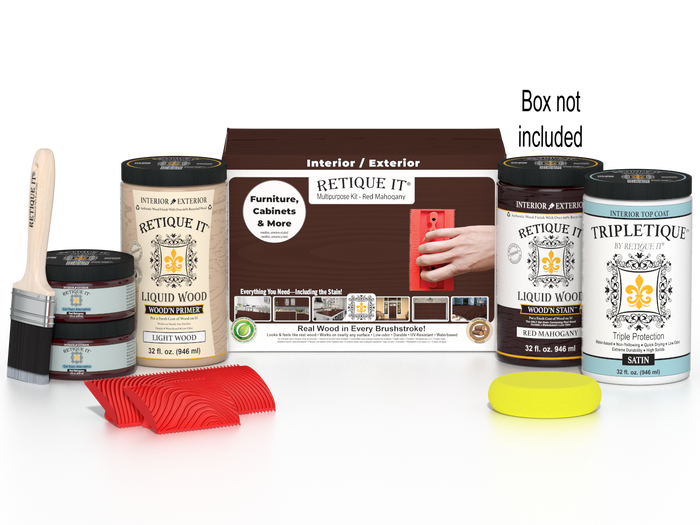 Large Red Mahogany Wood'n Finish Kit by Retique It with interior top coat and wood finish supplies in a box.