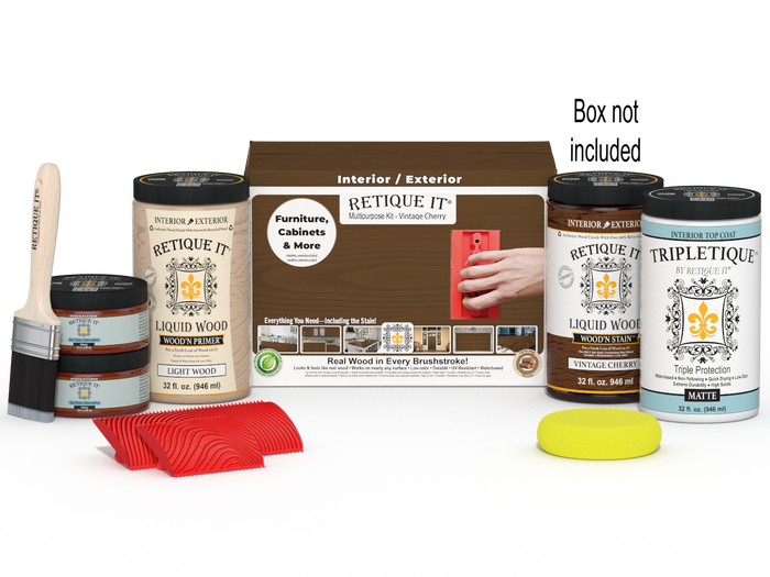 Large Vintage Cherry Wood'n Finish Kit by Retique It with interior top coat and packaging for multi-purpose wood finishing projects.
