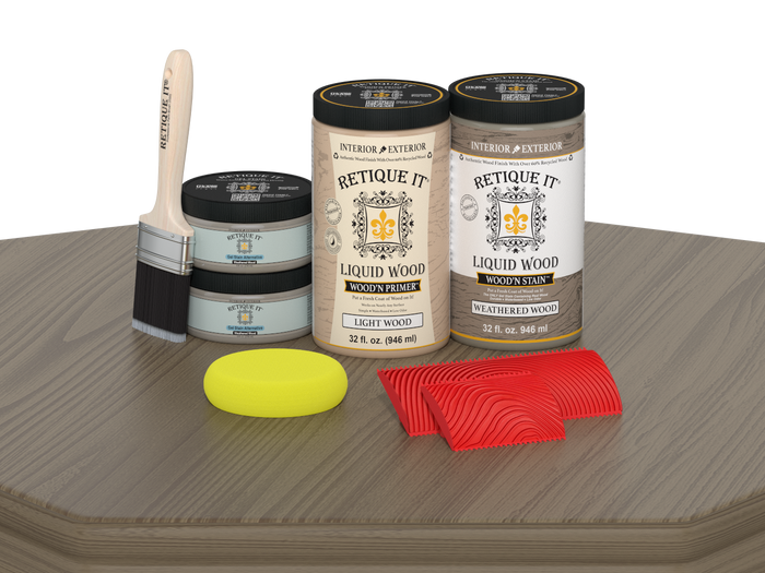 Large Weathered Wood Wood'n Finish Kit by Retique It, featuring tools and materials for wood finishing projects.