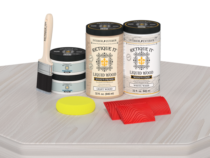 Large White Wash Wood'n Finish Kit by Retique It on table, featuring wood finishing tools and supplies in a multi-purpose kit.
