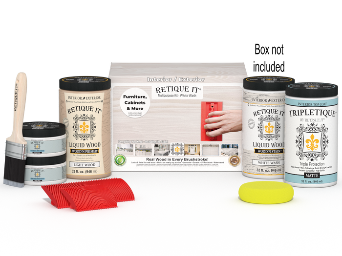 Large White Wash Wood'n Finish Kit by Retique It for interior wood projects, includes top coat and application tools.