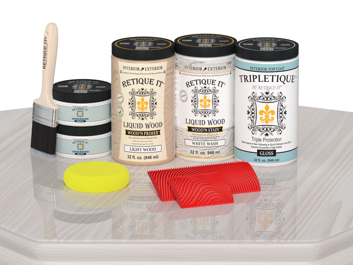 Large White Wash Wood'n Finish Kit by Retique It with glossy interior top coat on a table surface.