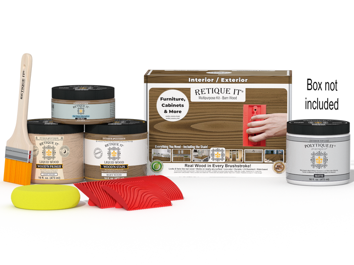 Retique It Wood'n Kit (Med) in barn wood finish for exterior topcoat, includes brushes and tools for wood finishing projects.