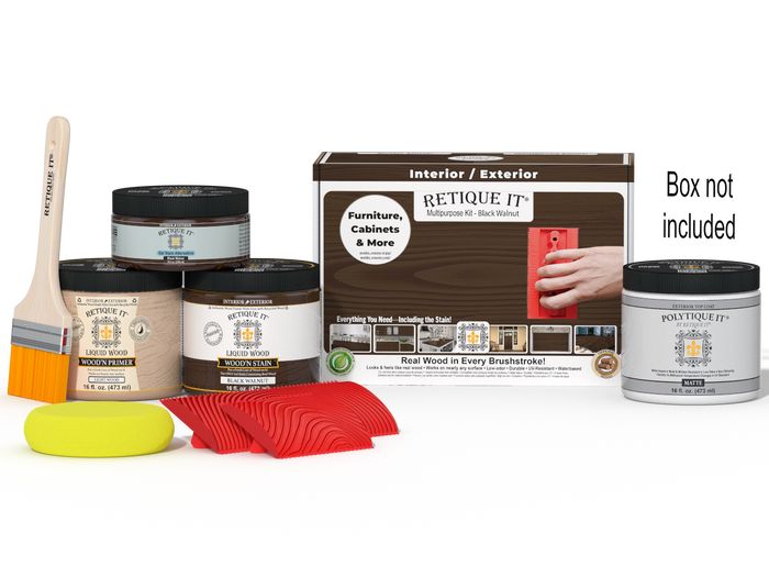 Retique It Wood'n Kit in black walnut finish with exterior top coat, includes brushes and supplies for wood finishing projects.