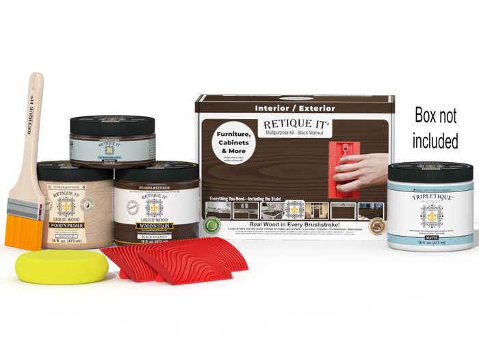 Retique It Wood'n Finish Kit in Black Walnut for interior wood projects, featuring a top coat and application tools.