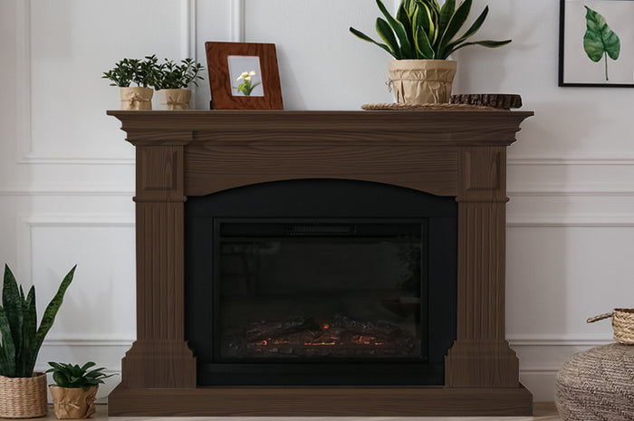 Retique It Wood'n Finish Kit in Black Walnut showing a rustic fireplace with wood grain finish and natural wood textures.