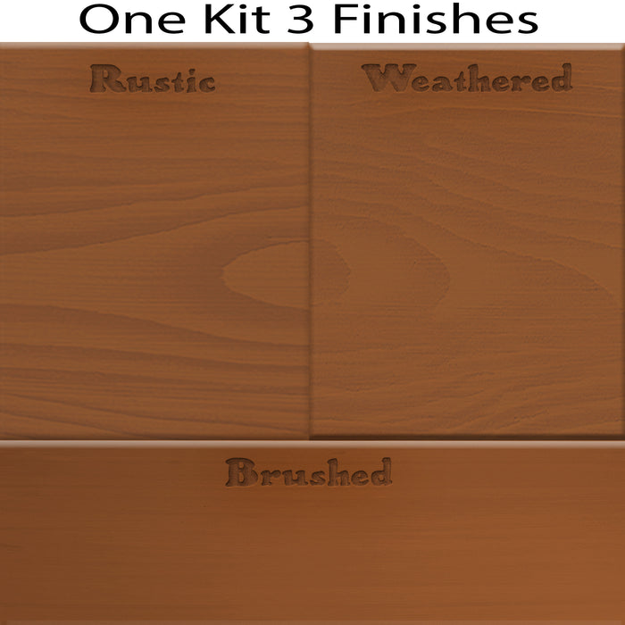 Swatch displaying three finishes from the Cedar Wood'n Finish Kit by Retique It, showcasing natural wood stain options.