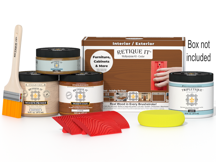 Retique It Wood'n Kit Cedar interior top coat, multi-purpose wood finish set with applicator and wood treatment products.