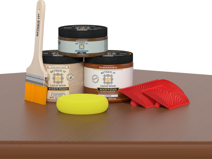 Retique It Wood'n Finish Kit in Cedar for multi-purpose wood finishing, featuring small bottles of stain and topcoat on a table.