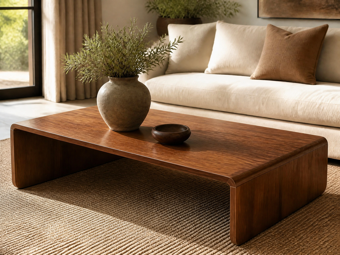 Dark walnut coffee table styled with a ceramic vase and bowl in a warm, neutral living room.