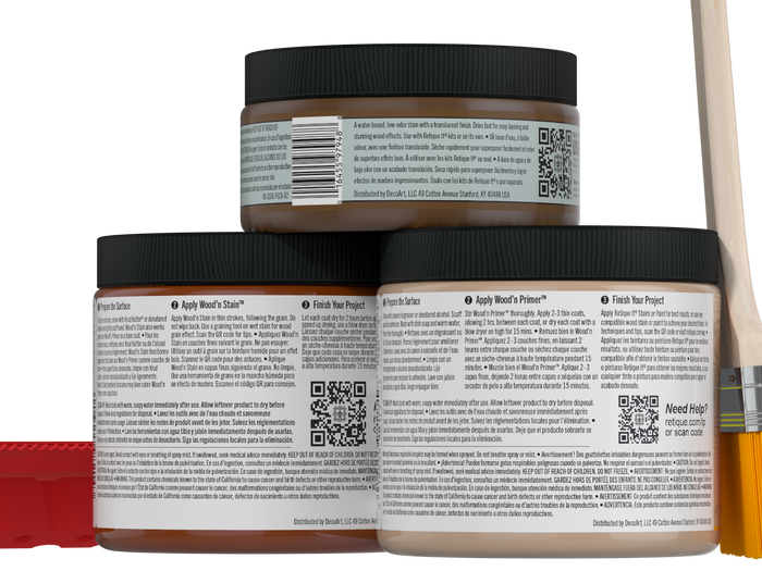 Retique It Multi-purpose Wood'n Kit in cedar for wood finishing, featuring applicators and product details on the back panel.