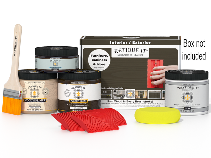 Retique It Wood'n Finish Kit in charcoal for exterior wood projects, featuring a multi-purpose top coat in a boxed kit.