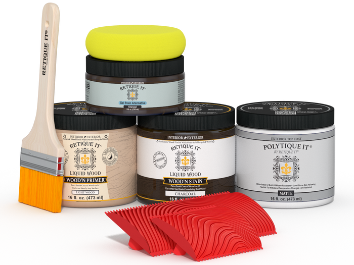 Retique It Wood'n Finish Kit Medium Charcoal exterior top coat in matte finish, featuring wood surface application and protection.