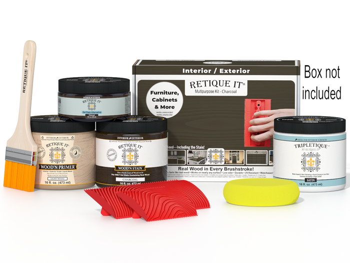 Retique It Wood'n Finish Kit in charcoal for interior wood projects, featuring a multi-purpose top coat in a compact box.