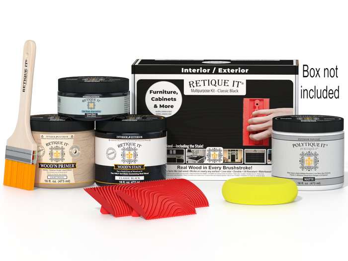 Retique It Wood'n Finish Kit Medium in Classic Black for exterior wood surfaces, includes top coat and application tools.